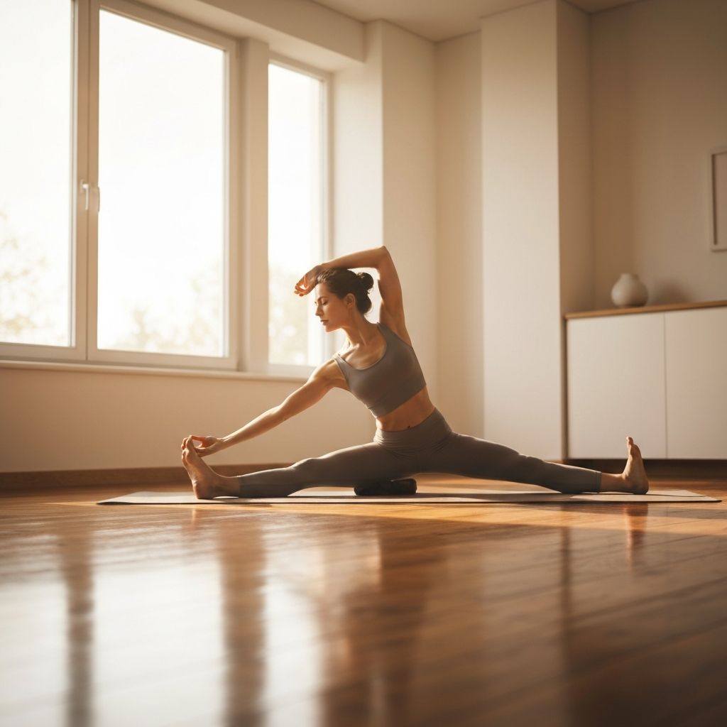 Person practising yoga in a minimalist sunlit room
