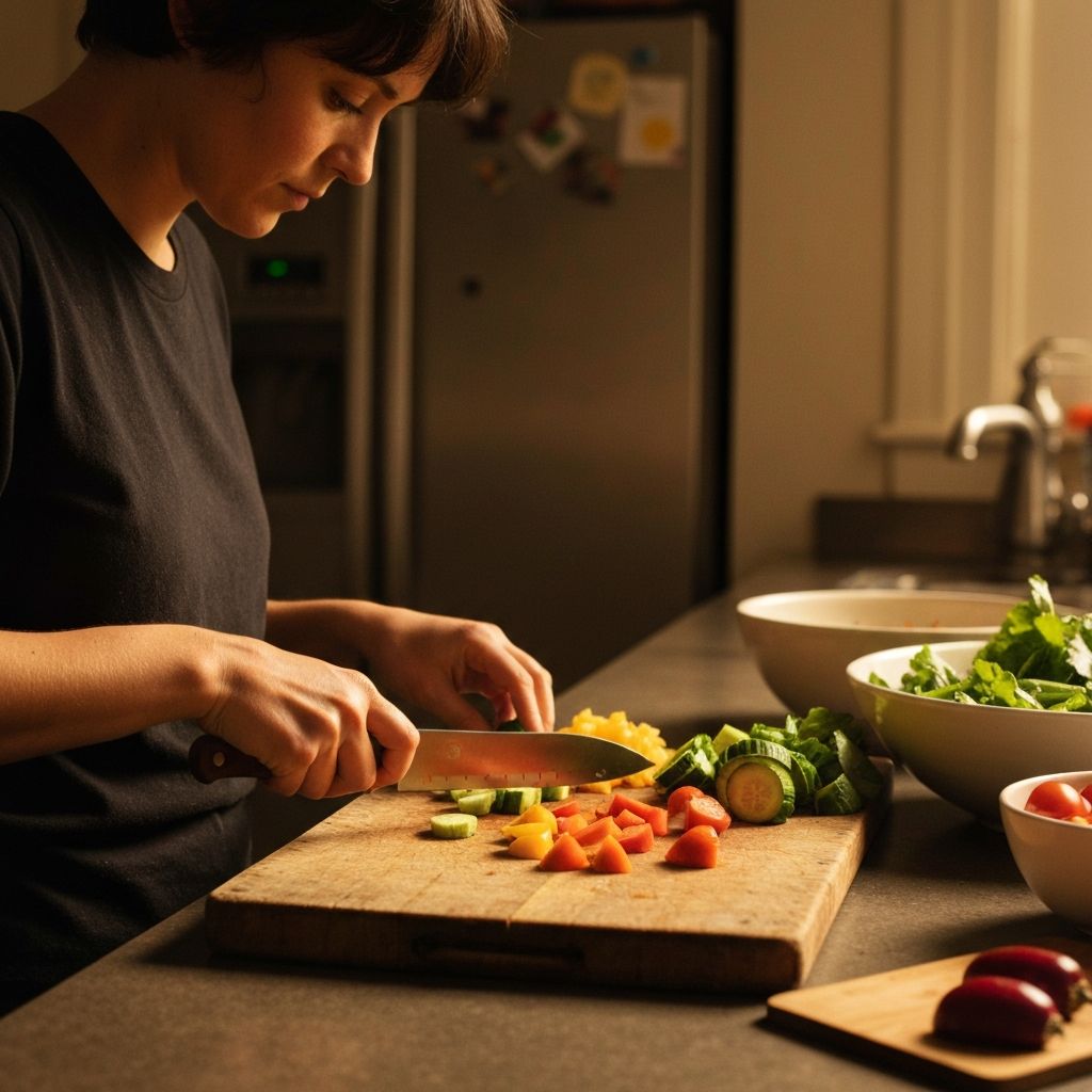 Hands preparing fresh vegetables on a wooden cutting board