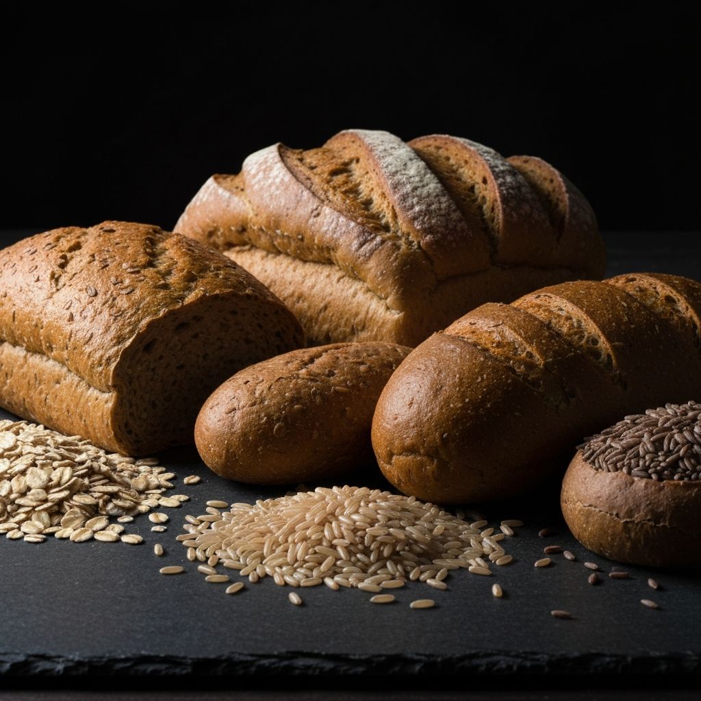 Assorted whole grain products including bread, oats, and brown rice on a dark surface