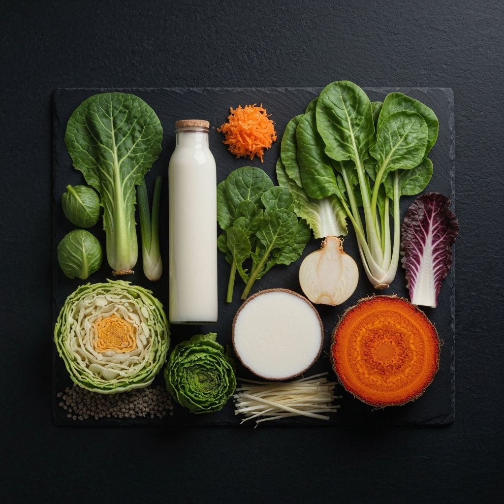 Cross-section view of fermented foods and fresh vegetables representing digestive health