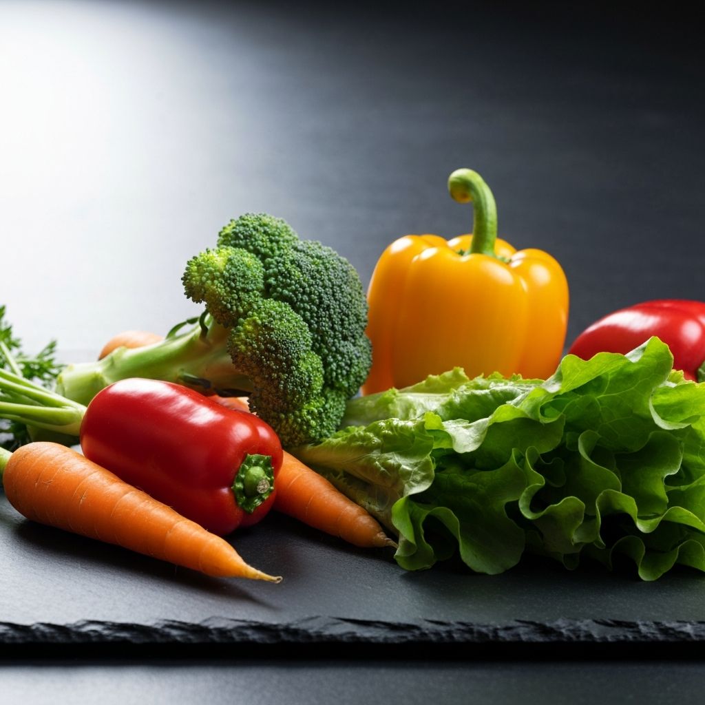 Fresh colourful vegetables including broccoli, carrots and leafy greens