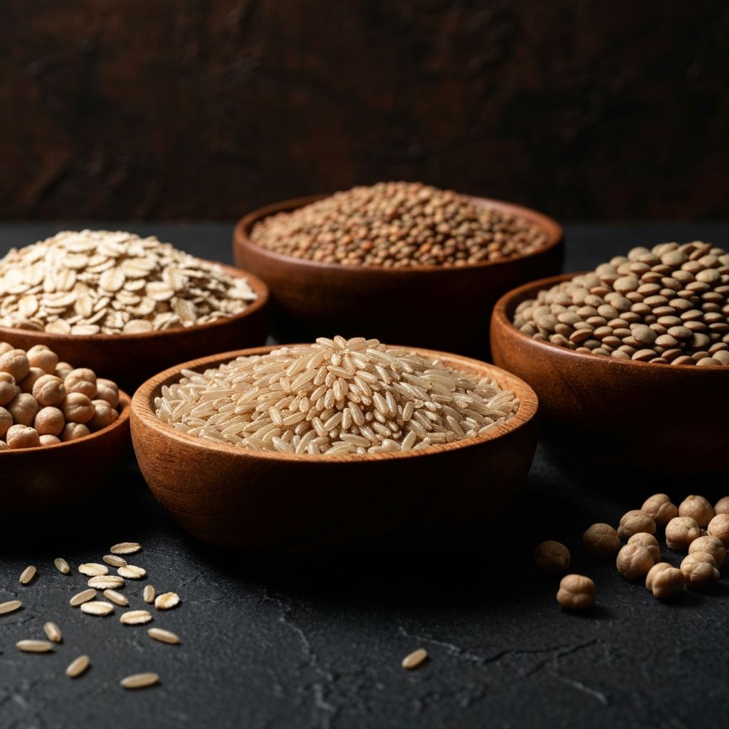 Whole grains and legumes including lentils, brown rice and chickpeas