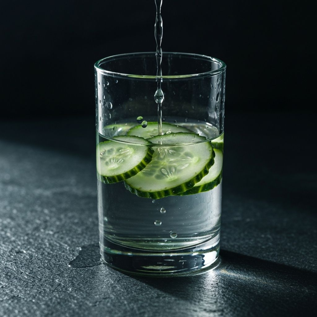 Clear glass of water with light refraction on dark stone surface